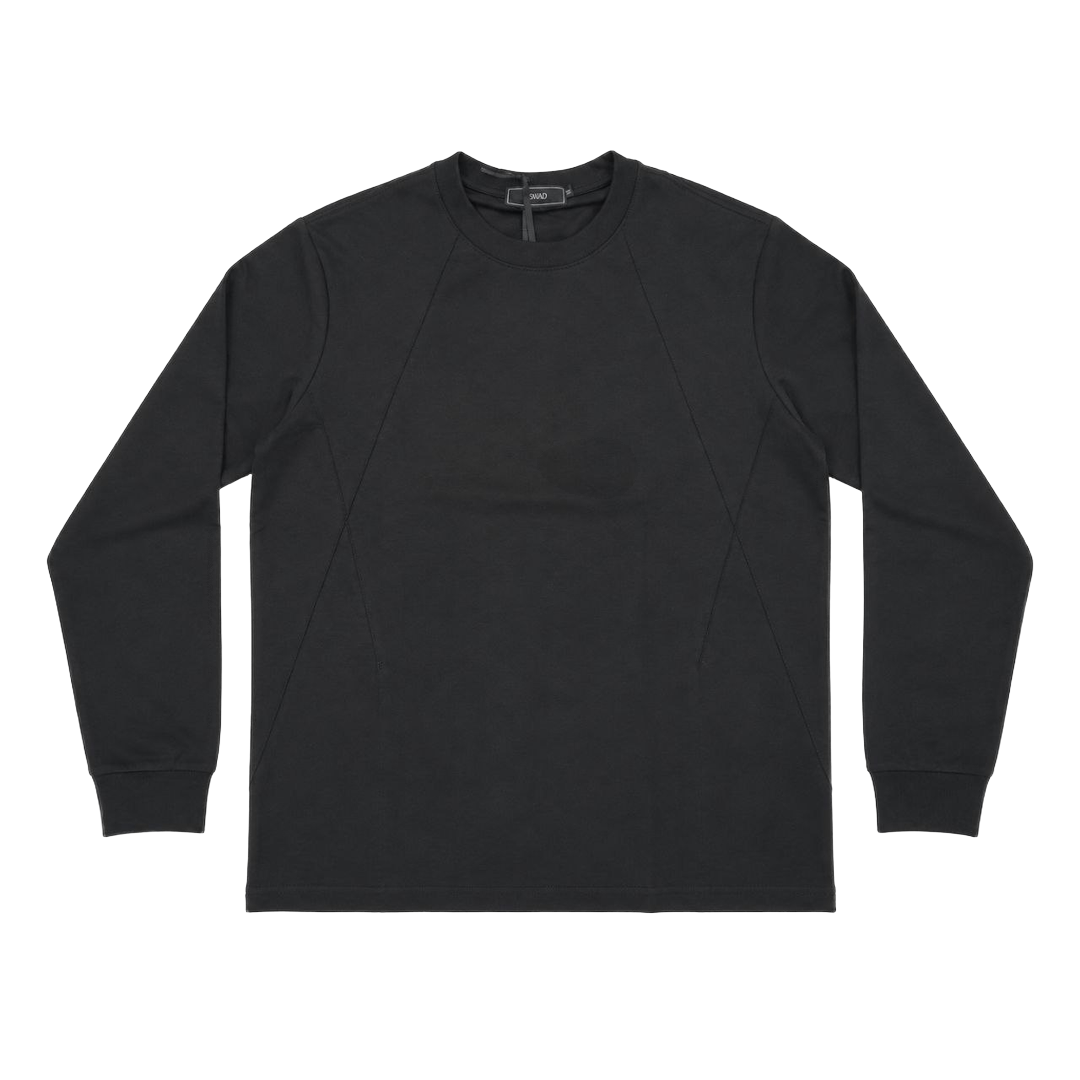 ASWAD luxury black long sleeve crewneck shirt featuring sharp diagonal front seam panelling and ribbed cuffs