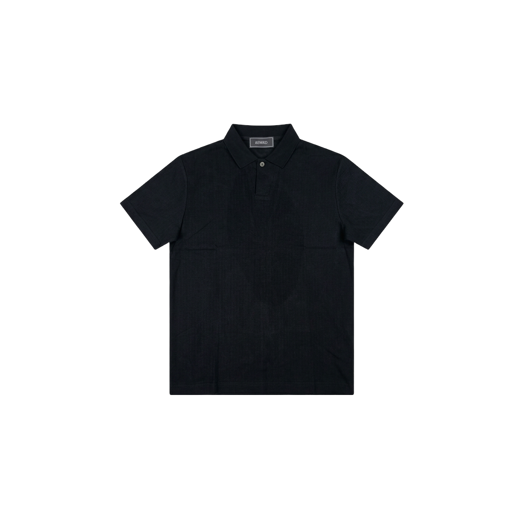 ASWAD luxury black short-sleeve polo shirt featuring a subtle vertical rib texture and single-button placket