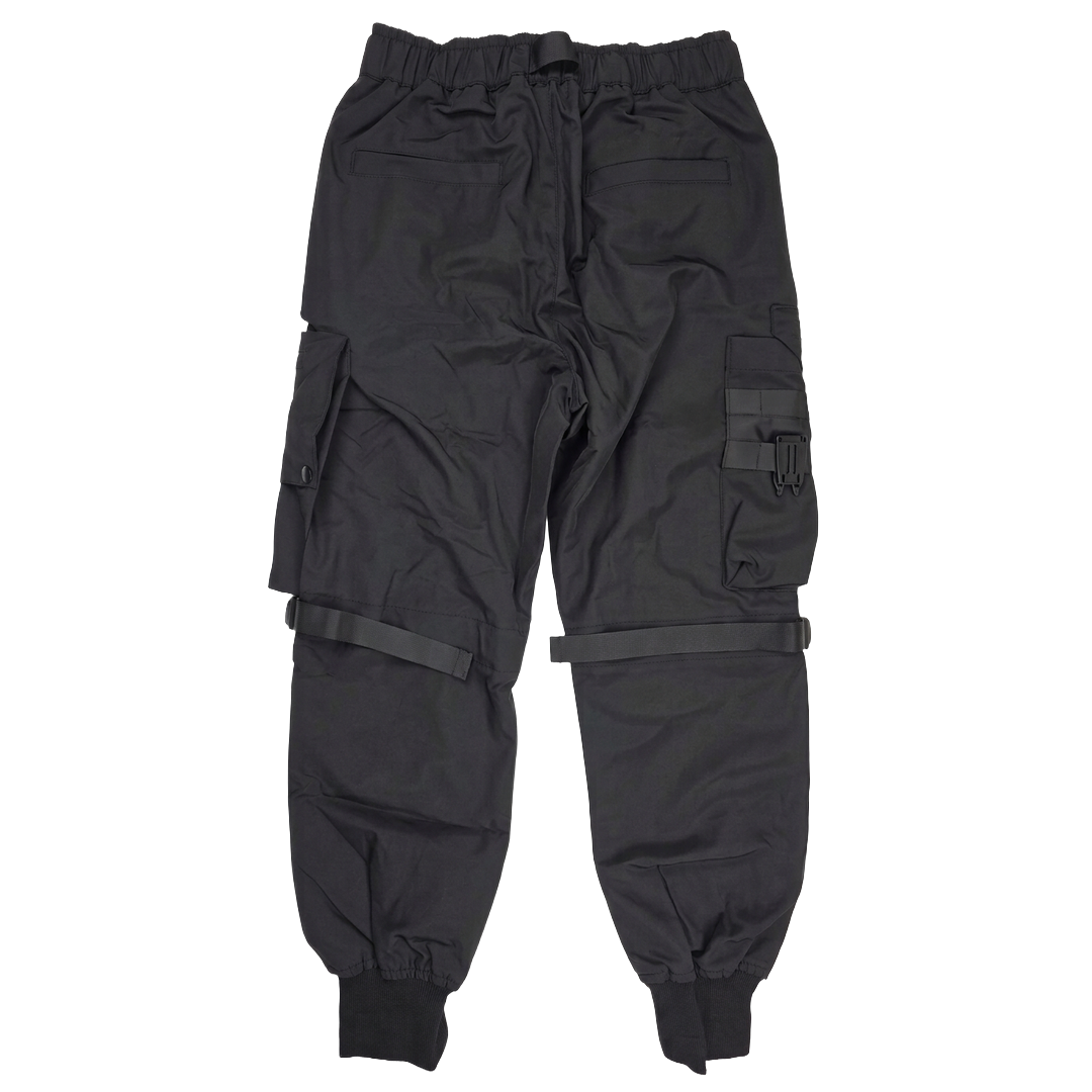 The Architectural Asymmetric Buckle-Strap Technical Cargo Jogger — Jet Black – Back View