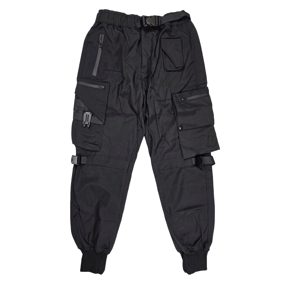 ASWAD luxury black technical cargo joggers featuring asymmetric multi-pocket utility, matte black knee compression straps, waterproof bonded zippers, tactical clip closures, and dense ribbed cuffs