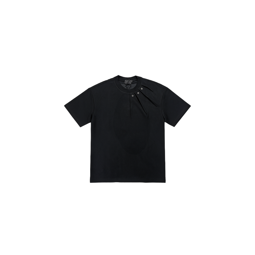 ASWAD luxury black heavyweight boxy t-shirt crafted from dense combed cotton featuring sculptural asymmetric chest pleats anchored with brushed silver eyelets
