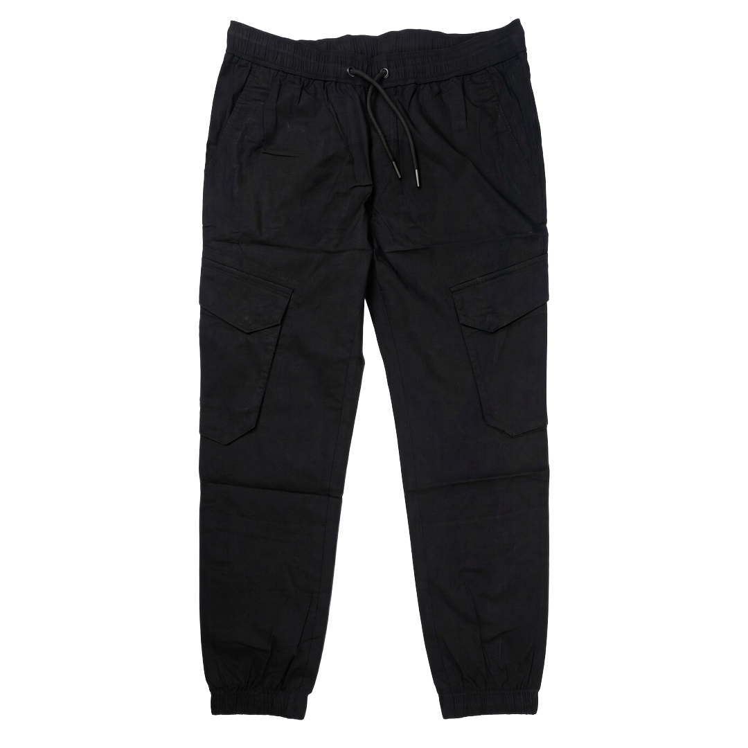 ASWAD luxury black cuffed cargo pants featuring elasticated drawstring waistband with metal aglets, dual angled flap cargo pockets, and gathered elastic cuffs