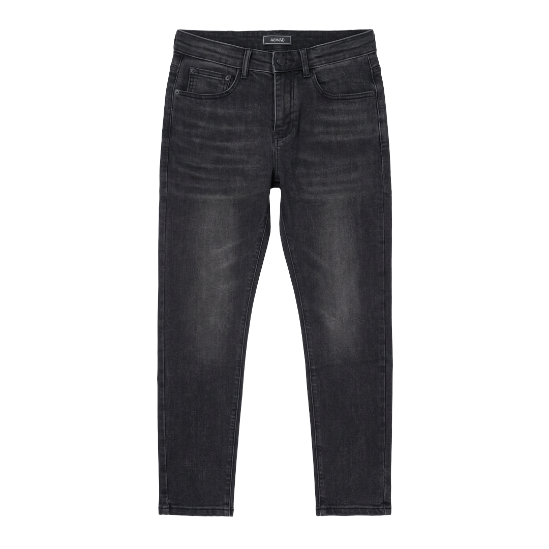ASWAD luxury washed black 5-pocket slim-taper denim jeans featuring subtle hand-sanded fading, subtle whiskering, tonal black rivets, and matte black shank button