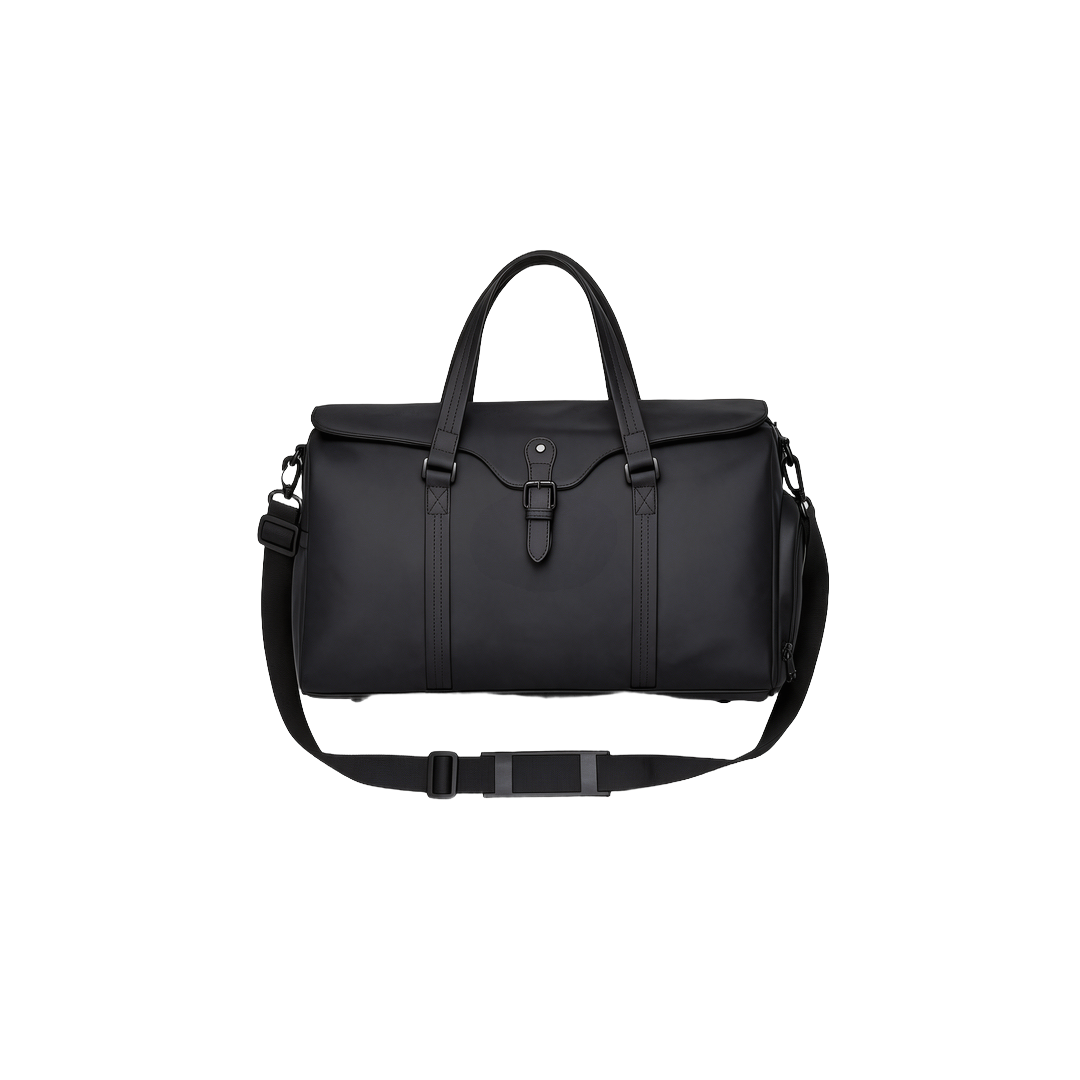 ASWAD luxury black weekend duffle bag crafted from structured weatherproof technical fabric featuring contoured top storm flap, buckle strap closure, leather top handles, side shoe pocket, and padded shoulder strap