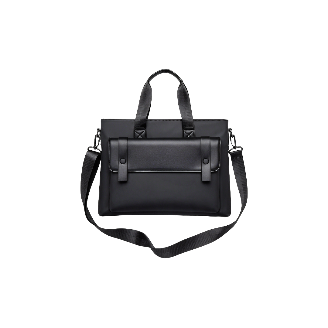 ASWAD luxury black executive briefcase crafted from structured technical nylon and full-grain leather flap pocket with magnetic straps, top handles, and crossbody shoulder strap