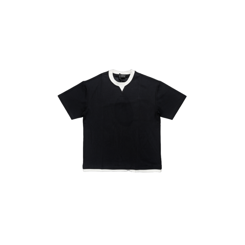 ASWAD luxury black heavyweight boxy t-shirt featuring architectural V-notch neckline with layered chalk white contrast collar and hem extension