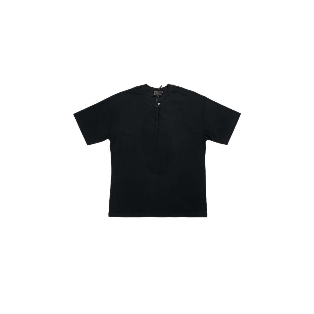 ASWAD luxury black heavyweight boxy t-shirt crafted from dense combed cotton featuring concealed fly-front henley placket with single metallic stud closure
