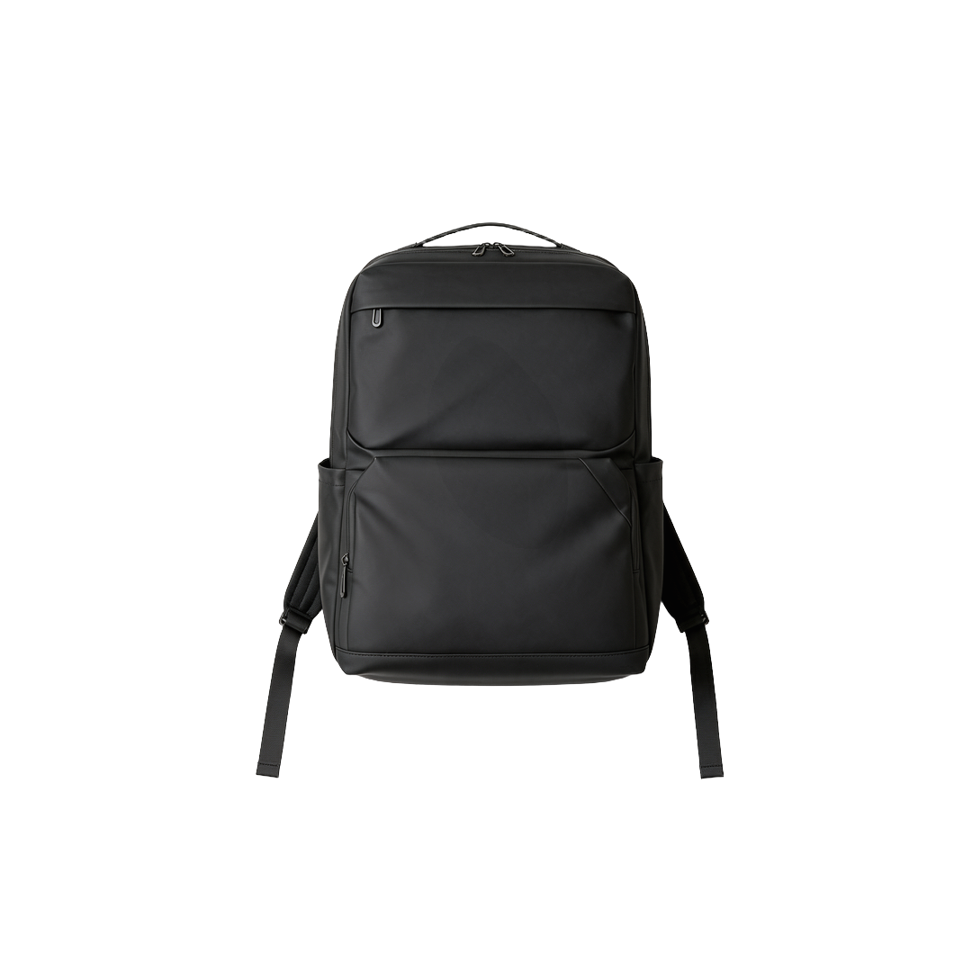 ASWAD luxury black technical backpack crafted from structured weatherproof ballistic nylon featuring dual front compartment tiers, low-profile side pockets, and ergonomic shoulder straps