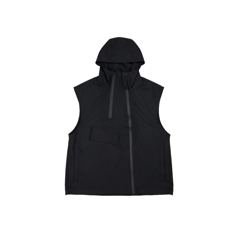 ASWAD luxury black technical hooded vest featuring dual asymmetrical PU-bonded waterproof zippers, high funnel neck hood, horizontal chest flap pocket, and side hand pockets