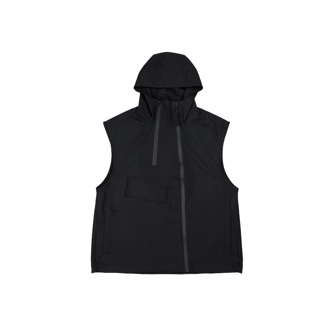 ASWAD luxury black technical hooded vest featuring dual asymmetrical PU-bonded waterproof zippers, high funnel neck hood, horizontal chest flap pocket, and side hand pockets