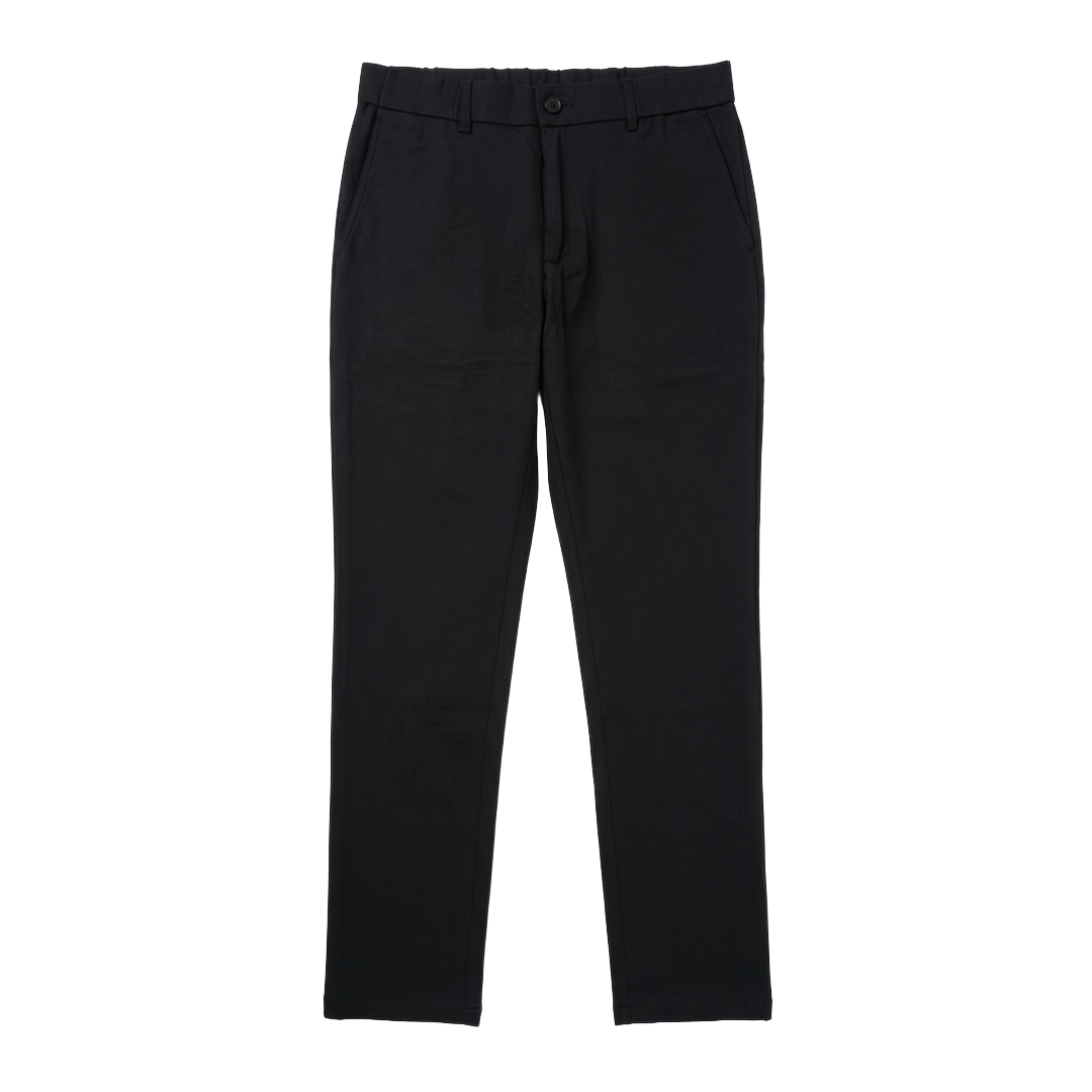 ASWAD luxury black tailored trousers featuring hybrid flat-front waistband with elasticated back, belt loops, tonal button closure, and clean straight-taper leg