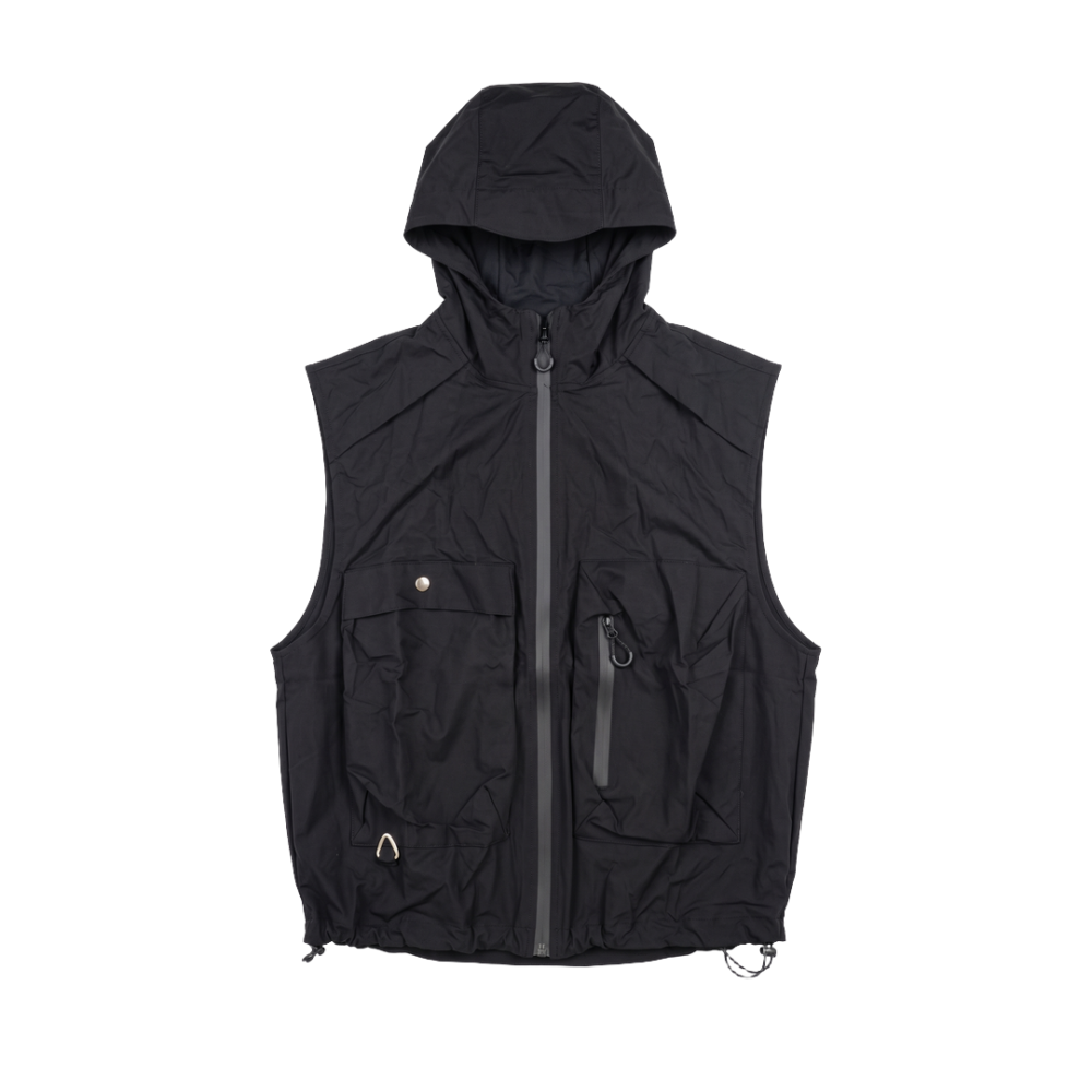 ASWAD luxury black technical hooded utility vest featuring dual oversized 3D cargo pockets, seam-sealed center zipper, storm hood, and metallic D-ring